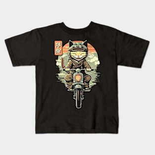 Japanese Samurai Cat on Motorcycle Kawaii Ninja Cat Kids T-Shirt